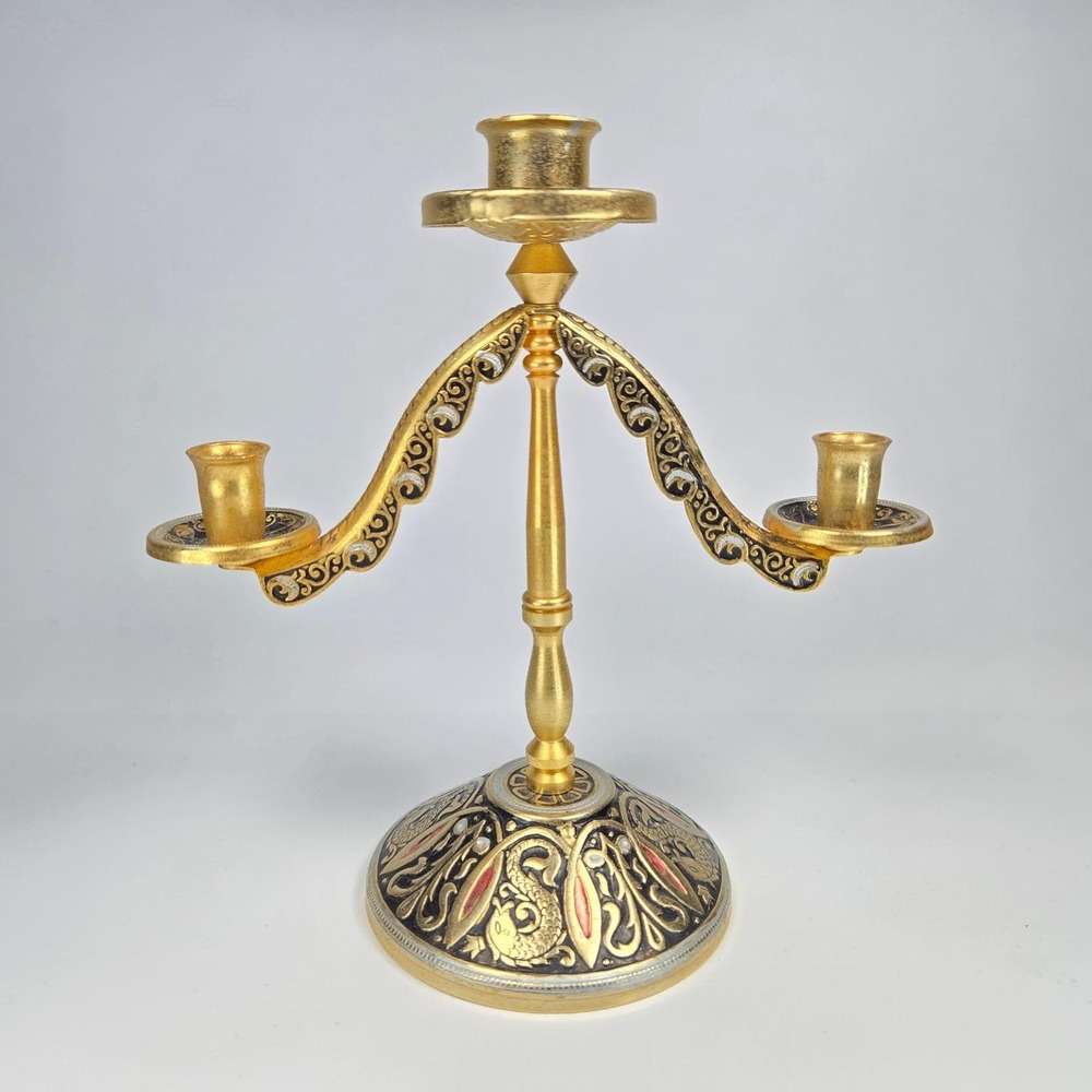 Vintage 10K Gold Gilded‎ 2-Arm Candelabra Russian Indian European Ornate  5.25"